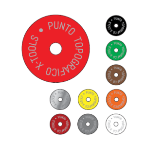 RONDELLA DI IDENTIFICAZIONE PER CHIODI TOPOGRAFICI, IN ALLUMINIO, PIATTA Ø 68MM (INCISIONE PERSONALIZZABILE), FORO CENTRALE Ø 10MM. COLORE NERO.